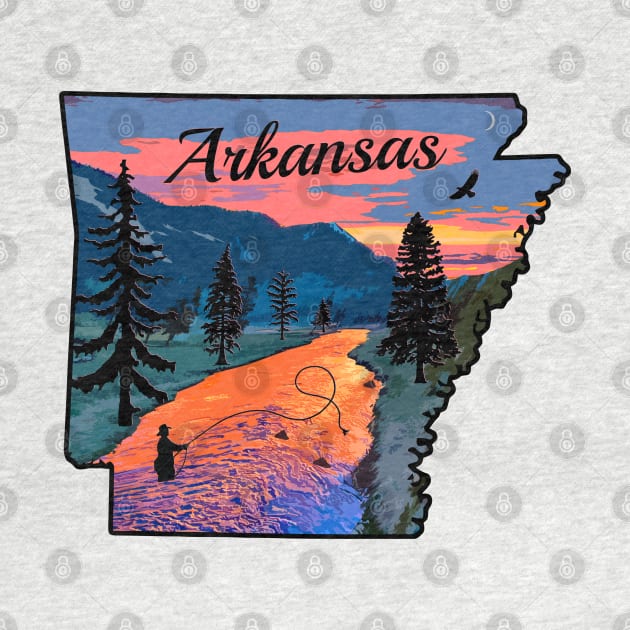 Fly Fishing Arkansas State Map Mountain Sunset River Retro by TeeCreations